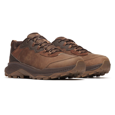 Merrell men's Speed Strike 2 wide-width brown leather hiking shoe with brown laces and a thick, brown midsole, style #J038945W