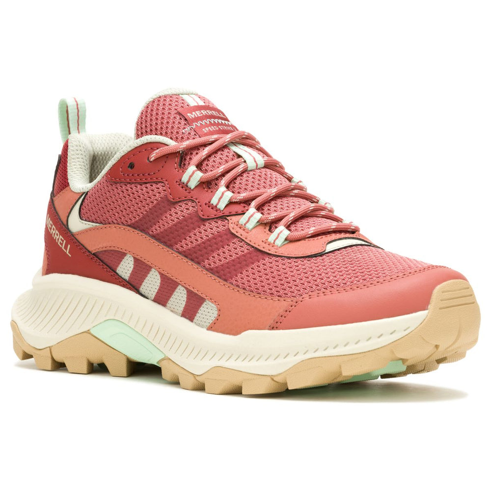 Women's reddish-pink mesh hiking shoe with tan lugged sole, mint accents, and striped laces. Style #J038296