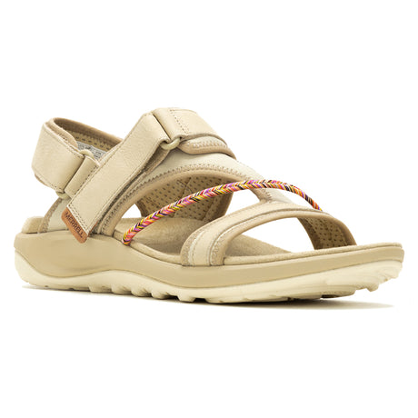 Beige sandal with colorful braided strap on a white background. J006746.