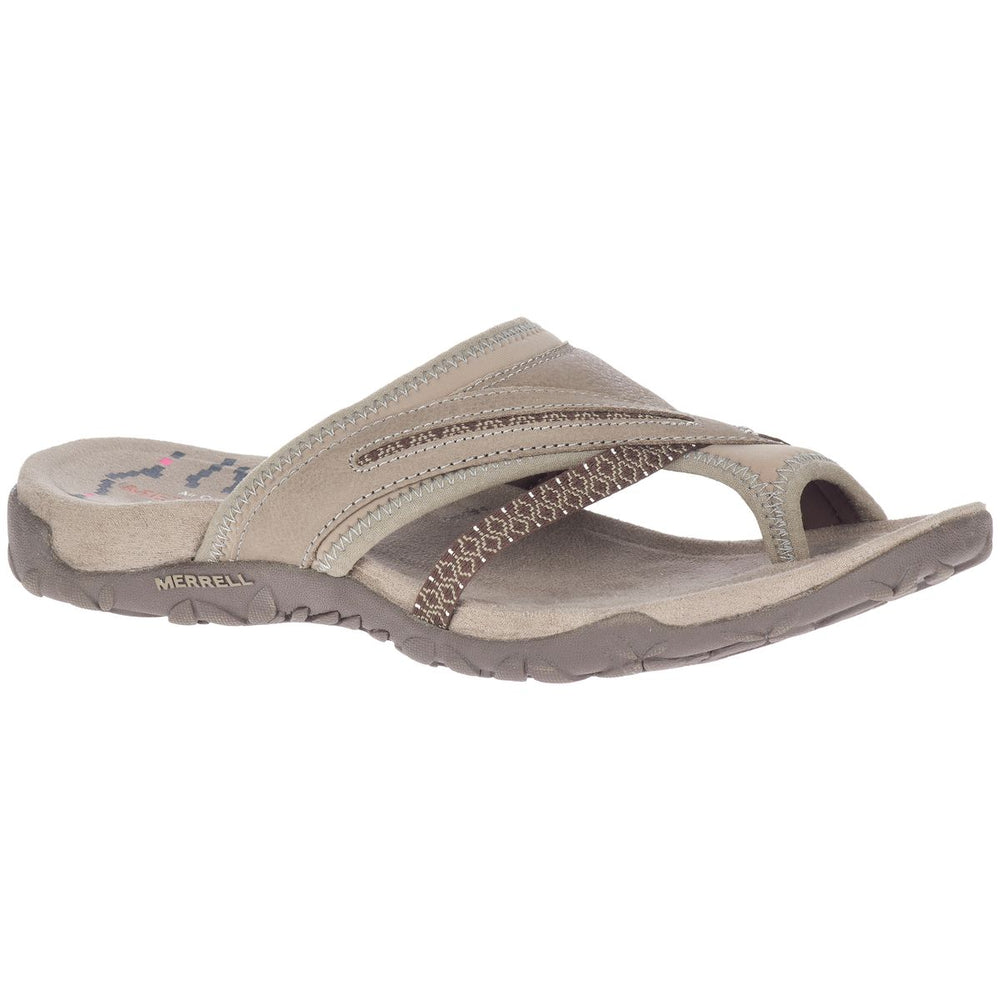 Women's taupe nubuck leather thong sandal with crisscross pattern straps and a contoured grey sole. Style #J004056