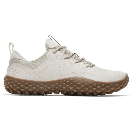 Merrell off-white suede barefoot walking sneaker with wrapped gum rubber lugged outsole and lace closure. Style #J036004
