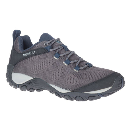 Merrell Men's Yokota 2 E-Mesh hiking shoe in charcoal grey with black overlays and blue accents. Style #J5036353