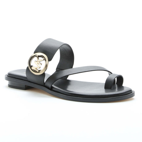 Michael Kors Vera Flat Toe Thong Slide in Black with MK Gold logo on the side.