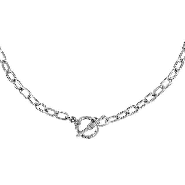 Silver-tone link chain necklace featuring a front-facing round ring and bar toggle clasp. Style #CH2005