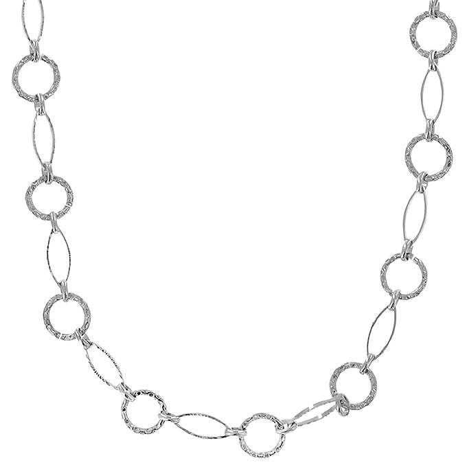 Silver-tone chain necklace with alternating textured round links and smooth oval links. Style #CH2021