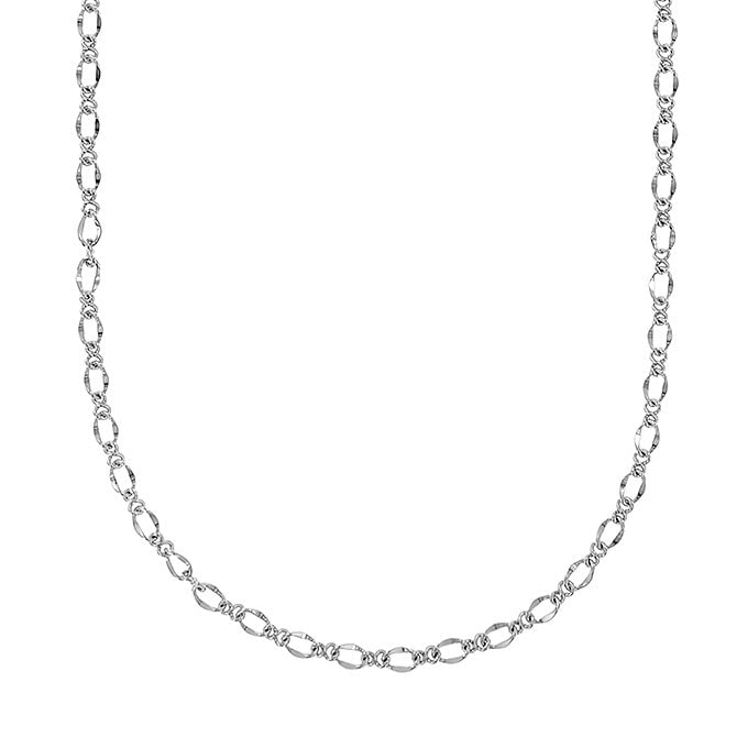 Silver-tone long chain necklace featuring delicate figure-eight and oval textured links. Style #CH2034