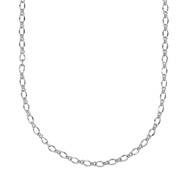 Silver-tone long chain necklace featuring delicate figure-eight and oval textured links. Style #CH2034