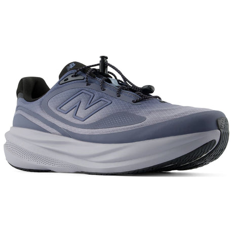 New Balance grey-blue running shoe with toggle speed laces, side logo, and thick cushioned midsole. Style #M108020E