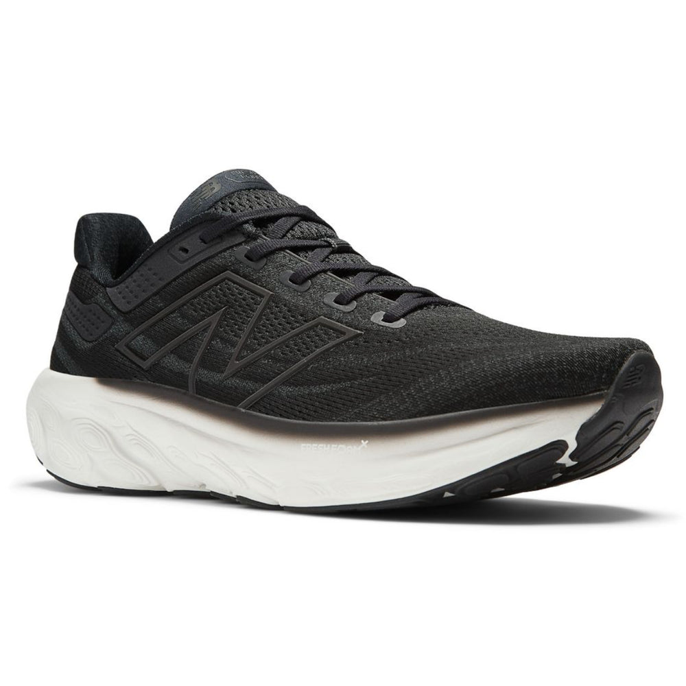 Black New Balance Men's Fresh Foam X 1080v13 running shoe with engineered mesh upper and thick white cushioned sole. Style #M1080K13