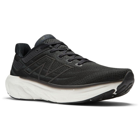 Black New Balance Men's Fresh Foam X 1080v13 running shoe with engineered mesh upper and thick white cushioned sole. Style #M1080K13