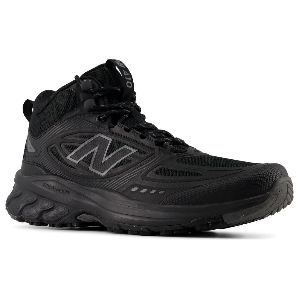 New Balance men's black mid-top trail running shoe with Fresh Foam midsole and lace-up closure. Style #M410M771