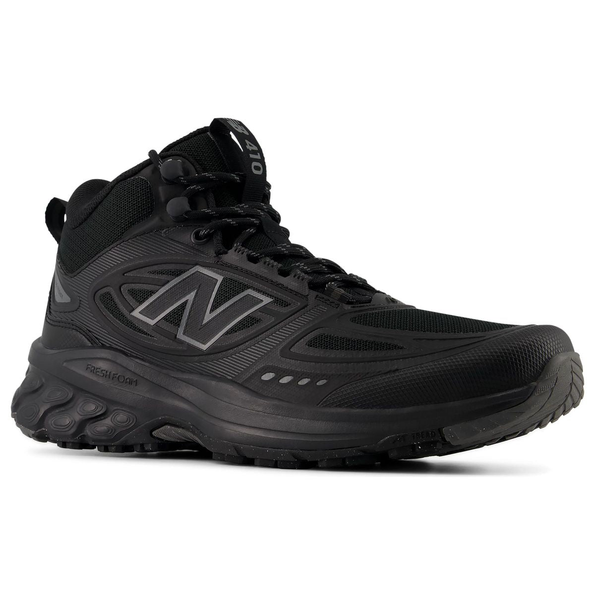 New Balance men's black mid-top trail running shoe with Fresh Foam midsole and lace-up closure. Style #M410M771