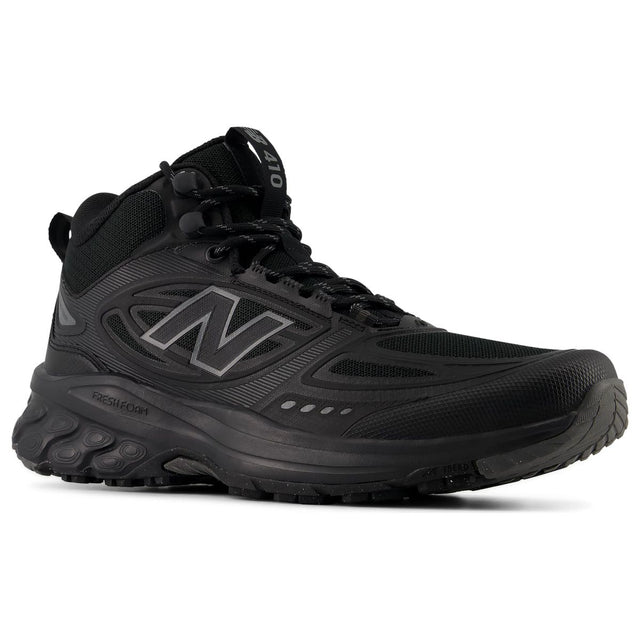New Balance men's black mid-top trail running shoe with Fresh Foam midsole and lace-up closure. Style #M410M771