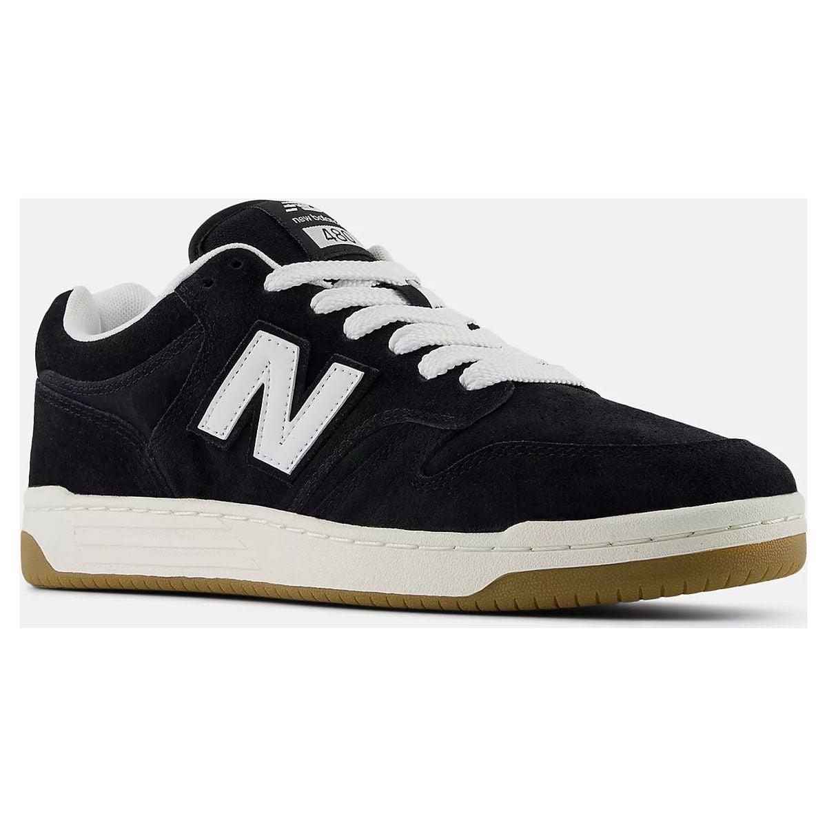 New Balance 480 Men’s Retro Sneaker in black suede with white N logo, white laces, and gum rubber outsole. Style # BB480PTN