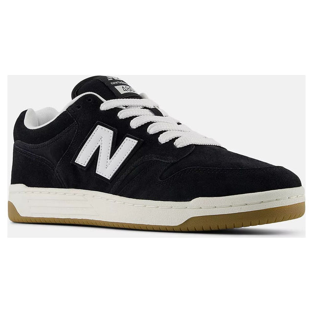 New Balance 480 Men’s Retro Sneaker in black suede with white N logo, white laces, and gum rubber outsole. Style # BB480PTN