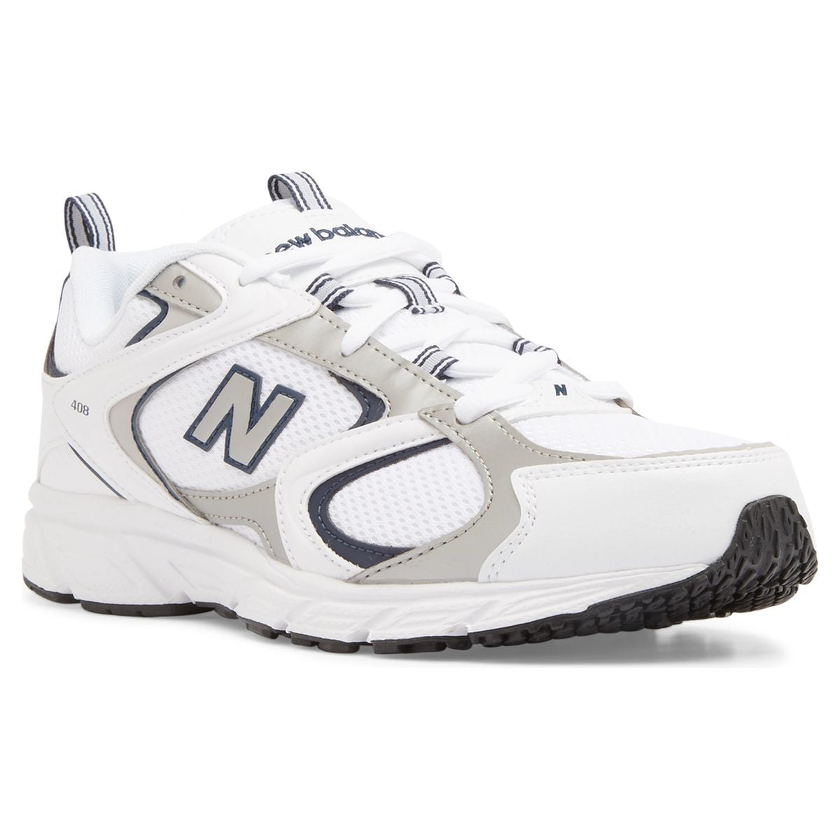 Men's white mesh training sneaker with indigo and grey overlays, white laces, and a thick white sole. Style #ML408A.