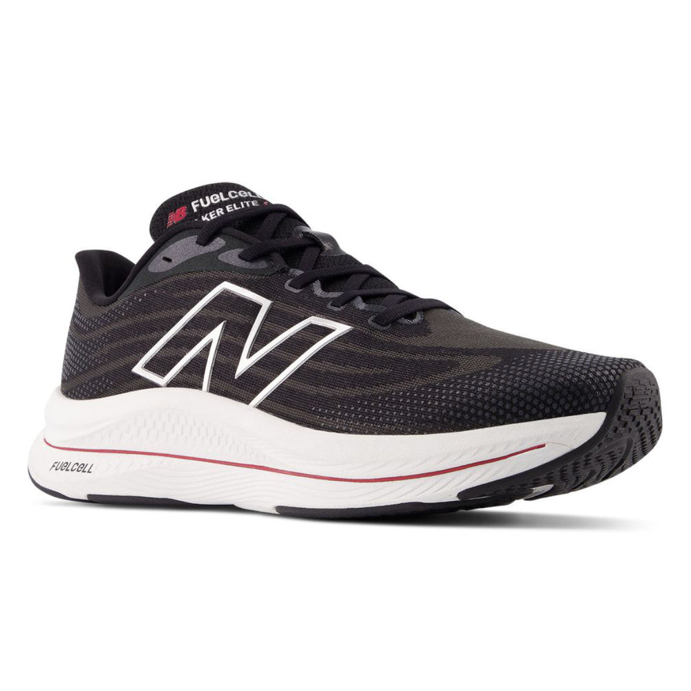 Black/dark grey New Balance FuelCell Walker Elite men's walking shoe. Mesh upper, white midsole with red stripe detail. Style #: MWWKELB1