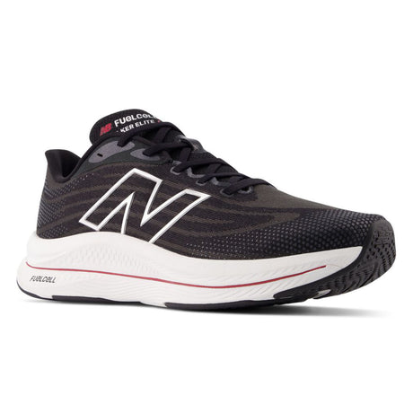 Black/dark grey New Balance FuelCell Walker Elite men's walking shoe. Mesh upper, white midsole with red stripe detail. Style #: MWWKELB1