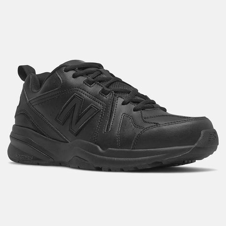 Men's all-black leather lace-up New Balance walking trainer with ABZORB midsole, slip-resistant outsole, and embossed 'N' logo. Style #MX608AB5.