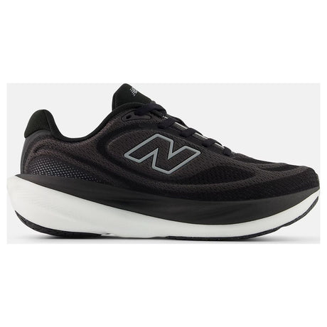 Women's black engineered mesh running shoe with a dark grey side logo, black laces, and a thick white cushioned sole. Style #W1080815