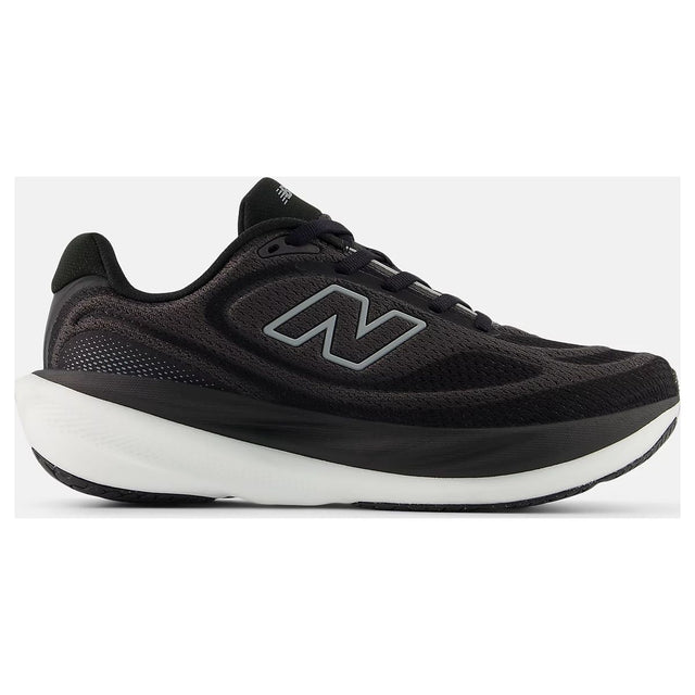 Women's black engineered mesh running shoe with a dark grey side logo, black laces, and a thick white cushioned sole. Style #W1080815