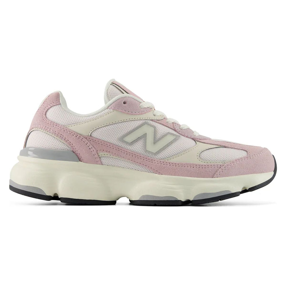 Women's pink salt and white mesh walking sneaker with a cream side logo, white laces, and a thick cream sole. Style #W6034FP.