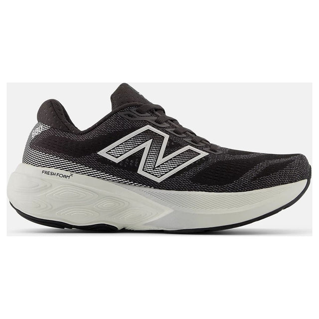Women's black engineered mesh running shoe with a white side logo, black laces, and thick white sole. Style #W880H15