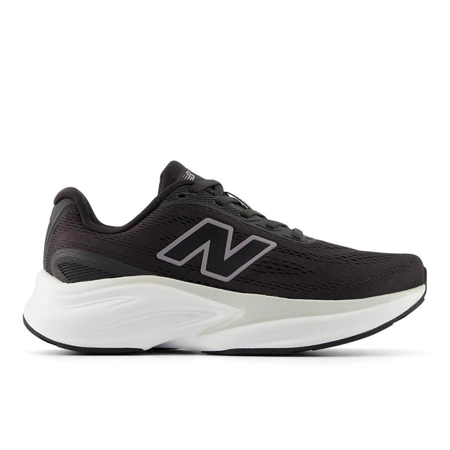 All-black women's running shoe with grey logo, oversized white Fresh Foam X midsole, and black sole. Style #WKAIR4LY