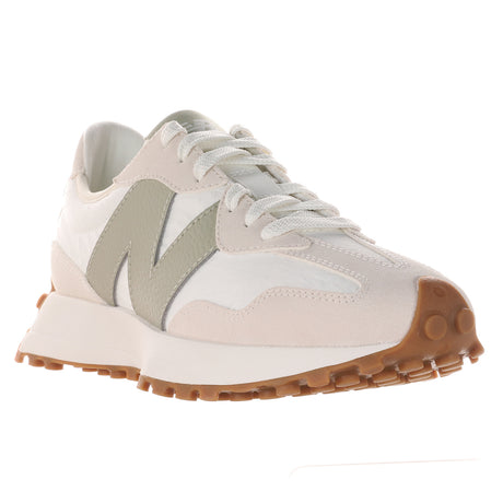 New Balance 327 sneaker (WS327FTB) in white and light beige with a prominent grey "N" logo and gum sole.