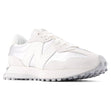 Women's silver and sea salt white retro sneaker with a large N logo, suede overlays, and a lugged grey sole. Style #WS327GLA