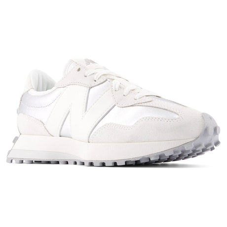 Women's silver and sea salt white retro sneaker with a large N logo, suede overlays, and a lugged grey sole. Style #WS327GLA