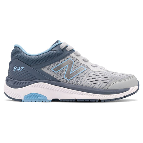 New Balance 847v4 women's lace-up walking shoe in grey and blue with breathable mesh upper and ROLLBAR stability. Style #: WW847LG4