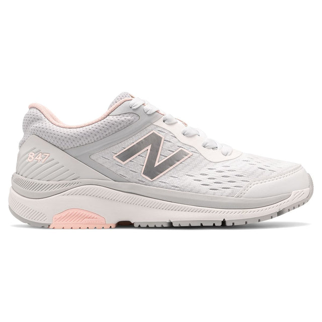New Balance 847v4 women's lace-up walking shoe in grey and pink with breathable mesh upper and ROLLBAR stability. Style #: WW847LW4