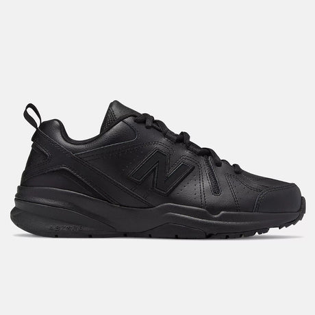 New Balance Women's WX608V5 black leather lace-up athletic trainer with ABZORB sole and tonal logo. Style #: WX608AB5.