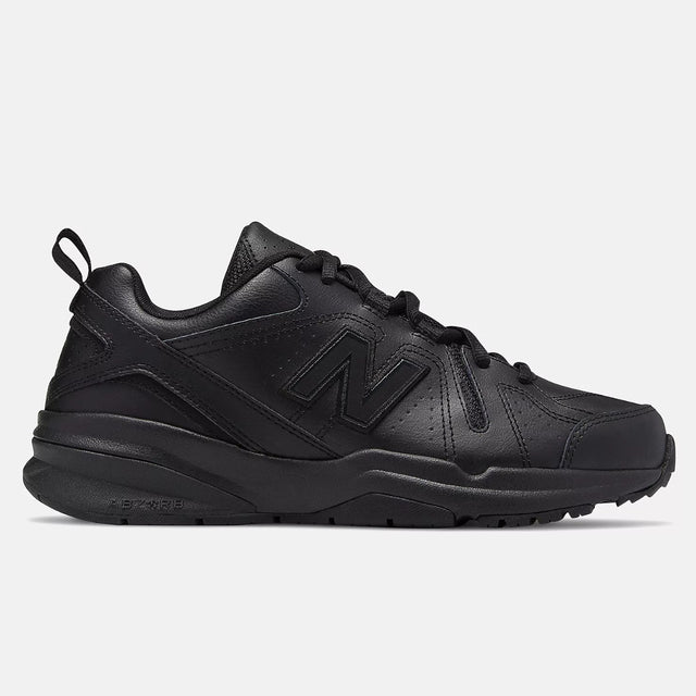 New Balance Women's WX608V5 black leather lace-up athletic trainer with ABZORB sole and tonal logo. Style #: WX608AB5.