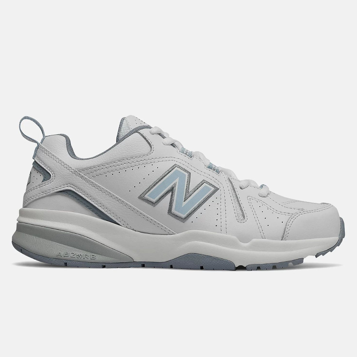 New Balance Women's WX608v5 white leather cross-trainer shoe with light blue 'N' logo and grey ABZORB midsole. Style # WX608WB5.