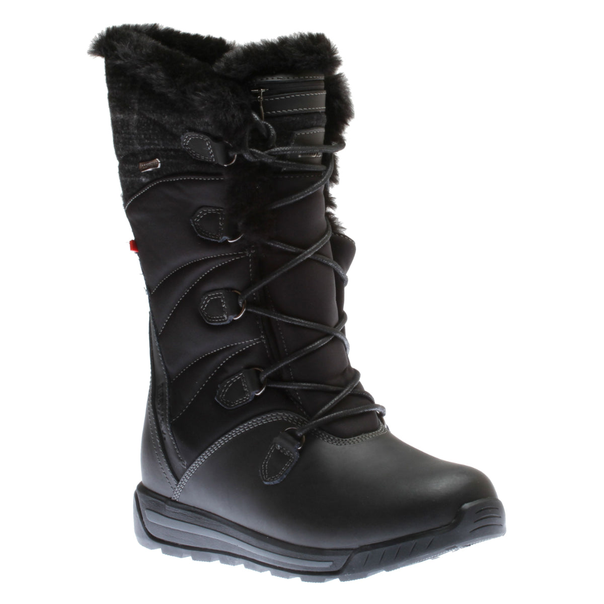 Black leather mid-calf waterproof boot with faux fur trim, lace-up front, side zipper, and rugged sole. Style # R0370BLK.