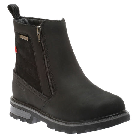 A black mid-height leather winter boot with a side zipper, textured heel detail, and a rugged non-slip sole. Style # 60255BLK