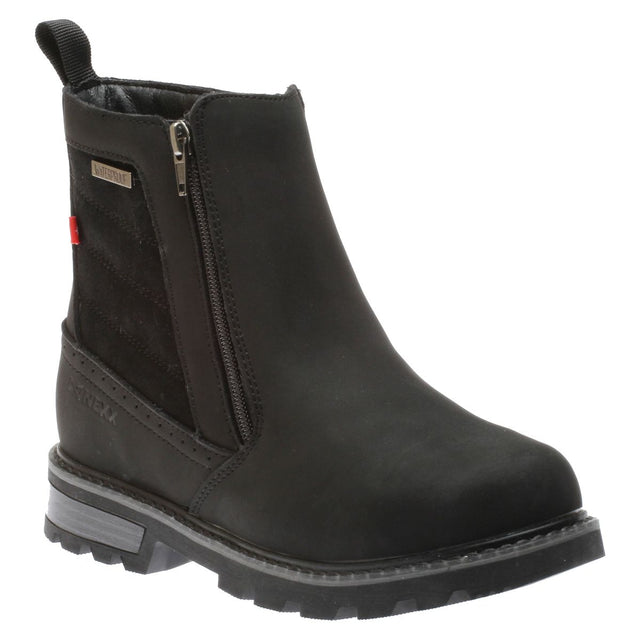 A black mid-height leather winter boot with a side zipper, textured heel detail, and a rugged non-slip sole. Style # 60255BLK