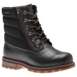 Black leather and quilted nylon women's waterproof winter boot with laces, side zipper, and lug sole. Style # 60132BLK