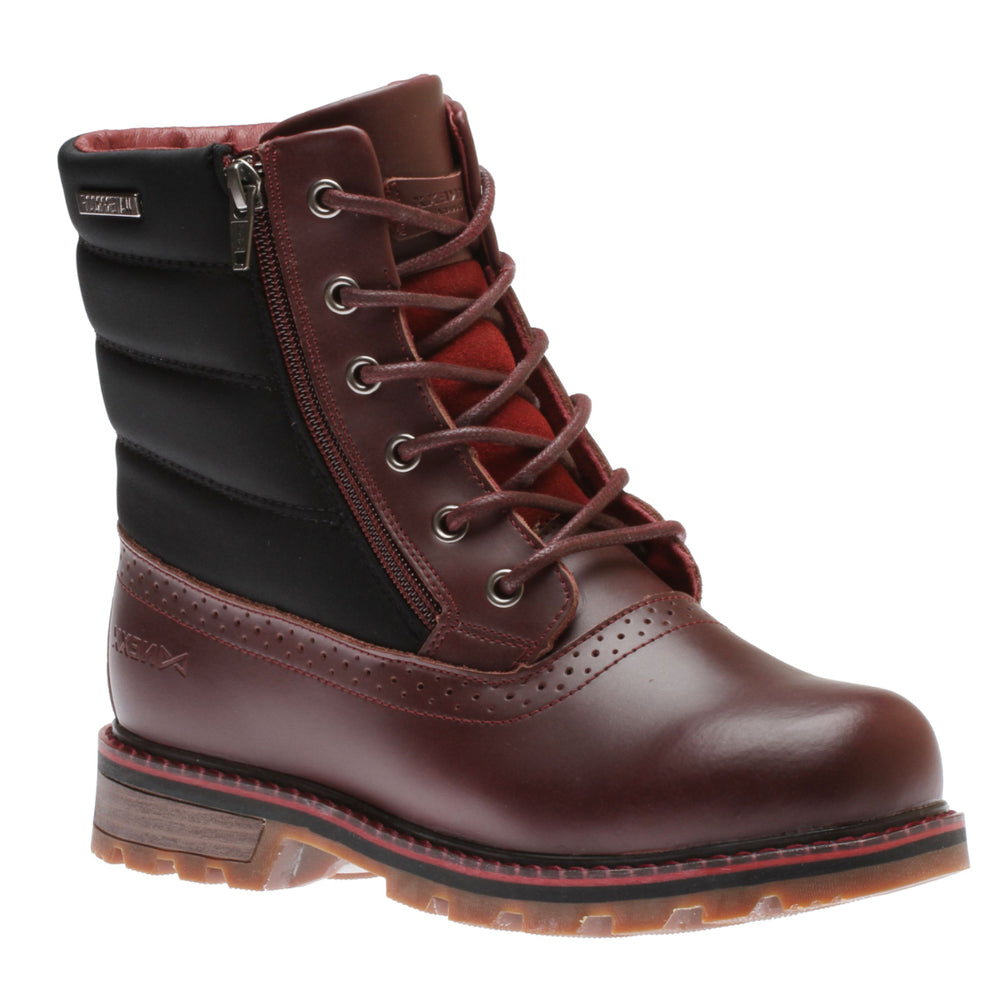 Women’s burgundy leather waterproof boot with black quilted collar, lace-up front, side zipper, and lug sole. Style #60132BUR