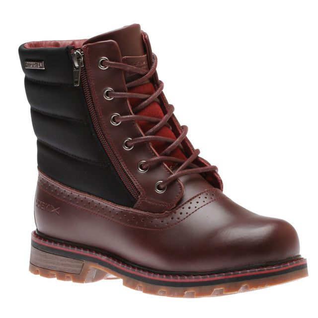 Women’s burgundy leather waterproof boot with black quilted collar, lace-up front, side zipper, and lug sole. Style #60132BUR