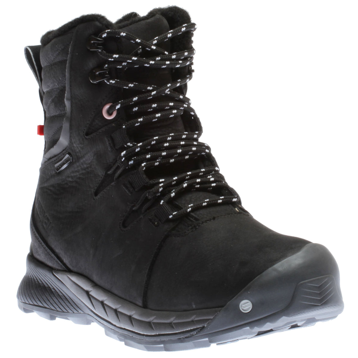 Nexgrip Meli women's black leather lace-up winter boot with retractable ice cleats and textured rubber sole. Style # P0484BLK.