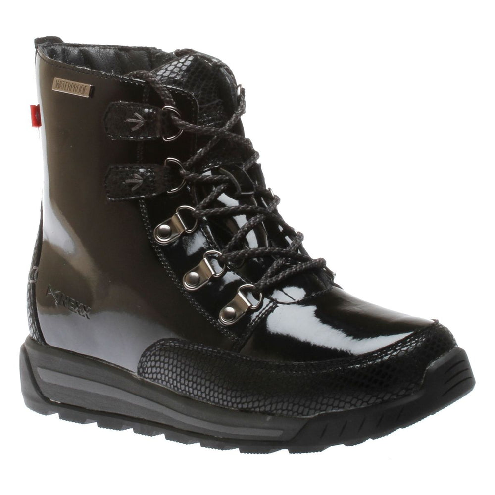 Nexgrip Mist women's lace-up boot in shiny black patent with textured overlays, metal eyelets, and rugged sole. Style #70221BLK