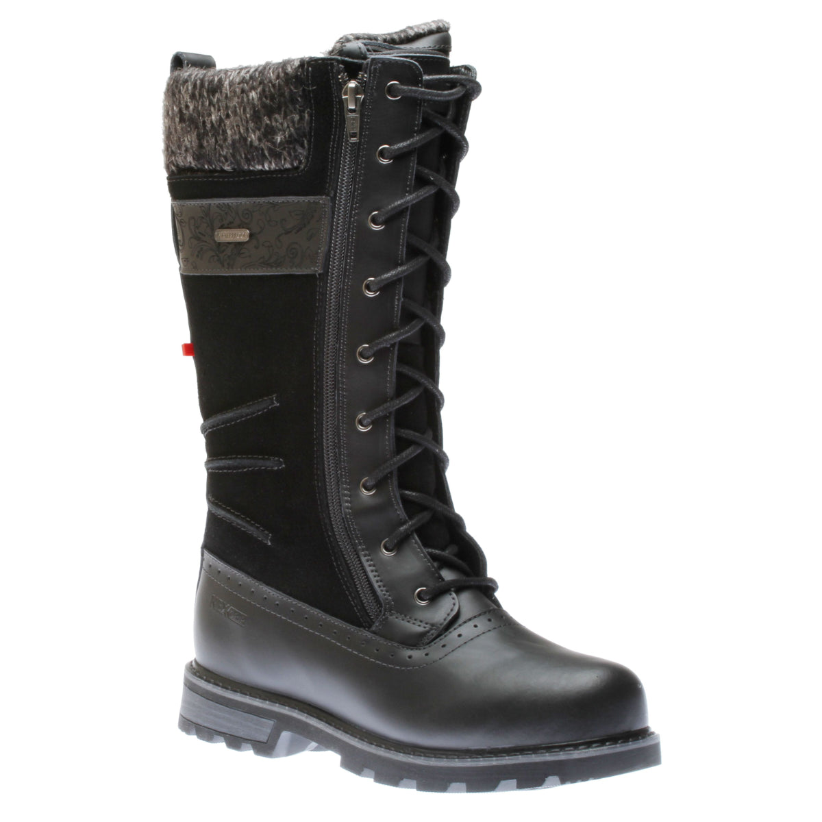 Women’s tall black waterproof leather winter boot with laces, side zipper, faux fur trim, and ice cleats. Style # 60126BLK