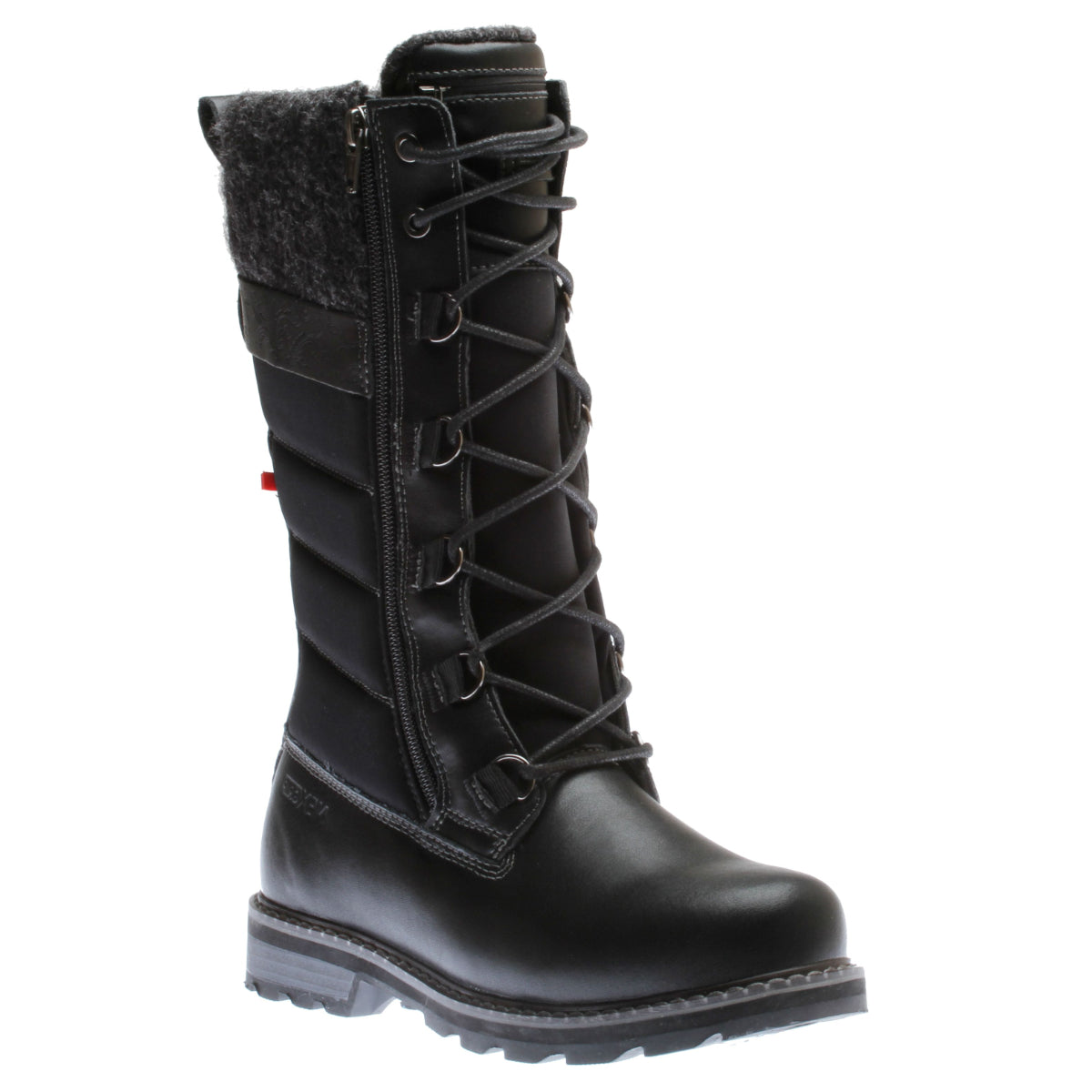 Black tall Nexgrip Snow 2.0 winter boot with laces, side zipper, quilted shaft, and grey wool cuff. Style #R0167BLK