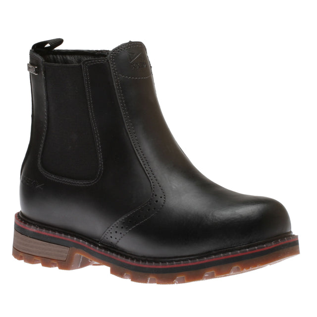 Women's black leather Chelsea boot with side elastic, brogue detailing, and a rugged ice-grip sole. Style #60135BLK