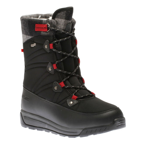 Women’s black waterproof tall winter boot with red accents, plaid collar, and lace-up front. Style # R0386BLK