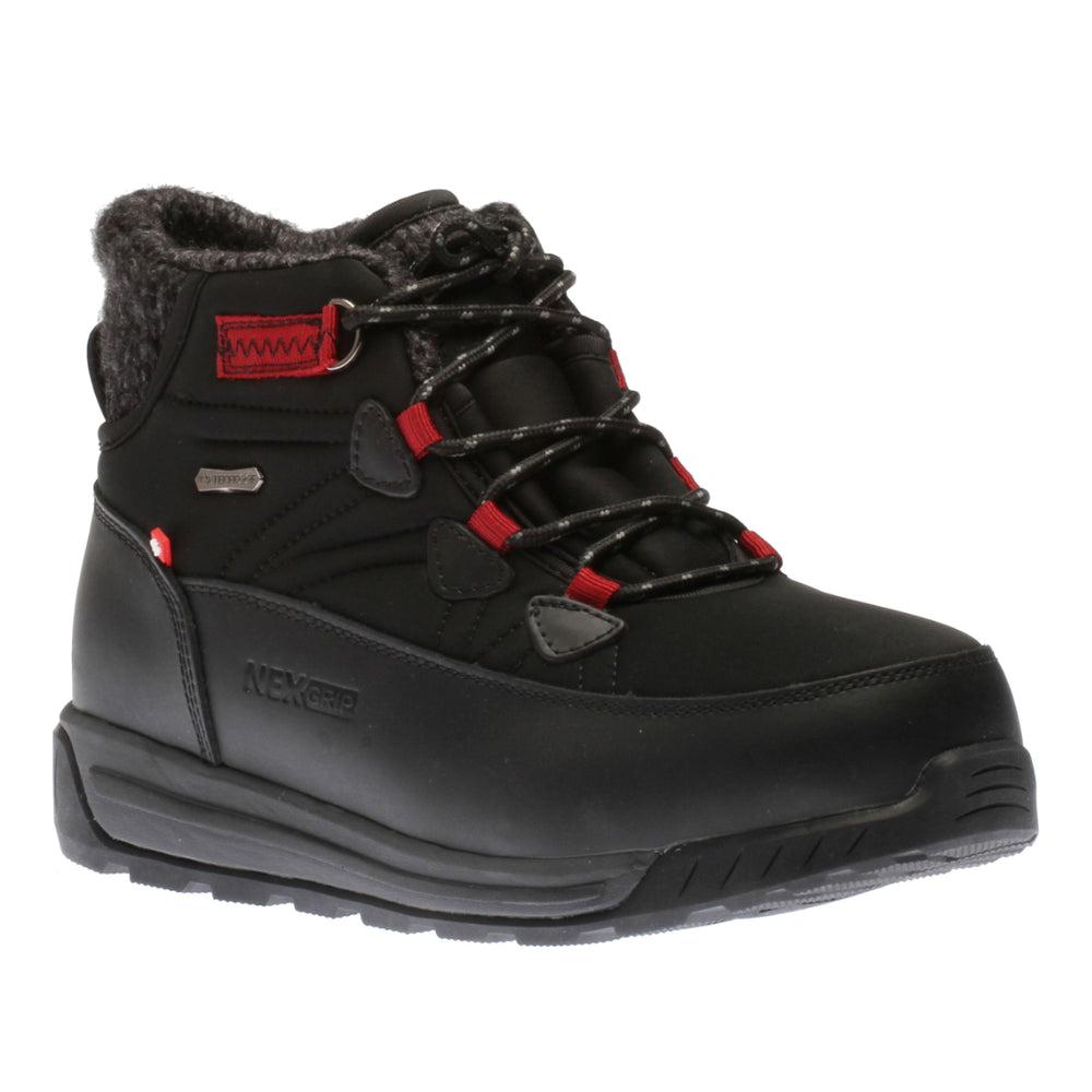 Women’s black waterproof mid-cut Nexgrip winter boot with red accents, lace-up front, and wool collar. Style # R2E0361BLK