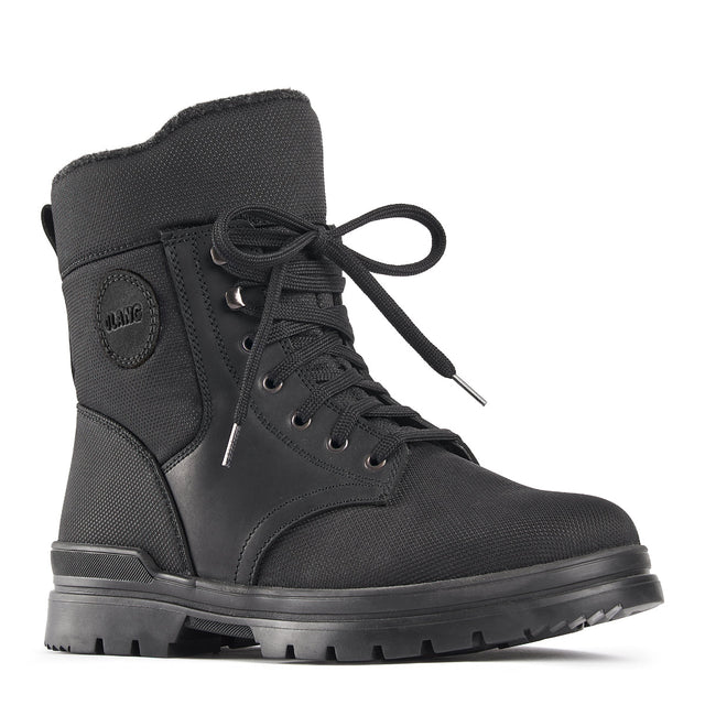 Black leather winter boot with wool lining, side zipper, lace-up front, and rugged OC grip outsole—waterproof and rated to perform in temperatures down to -30°C.